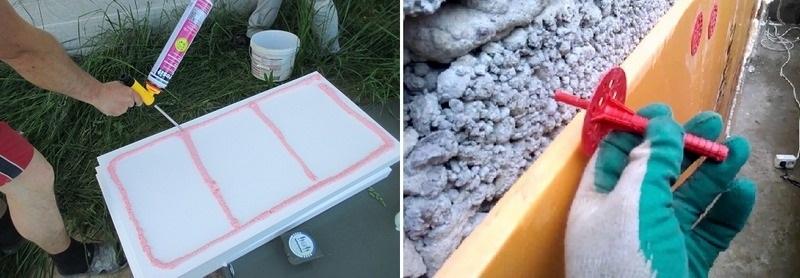 Листы пенопласта фиксируют на клей и усиливают дюбелями