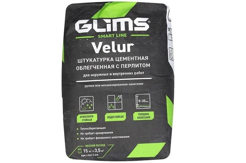 Штукатурка Glims®Velur цементная с перлитом - это упрочняющая облегчённая смесь для наружного и внутреннего применения