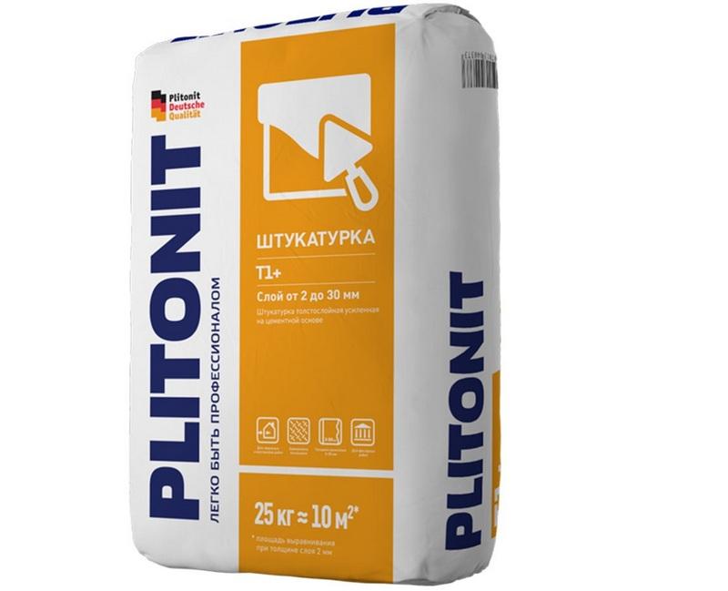 Штукатрука Plitonit T1 + обладает армирующими волокнами, а также хорошо отталкивает воду